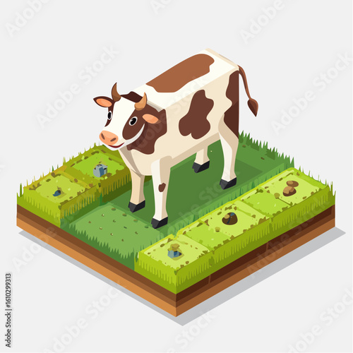 Isometric depiction of a happy dairy cow standing on a green pasture block of land