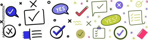 Hand-drawn Checklist Icons:  Affirmative, Decision-Making, Yes/No,  Positive,  Modern Doodle Style