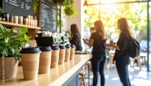 A row of takeaway coffee cups on a counter in a busy cafe with customers ordering in the background.
