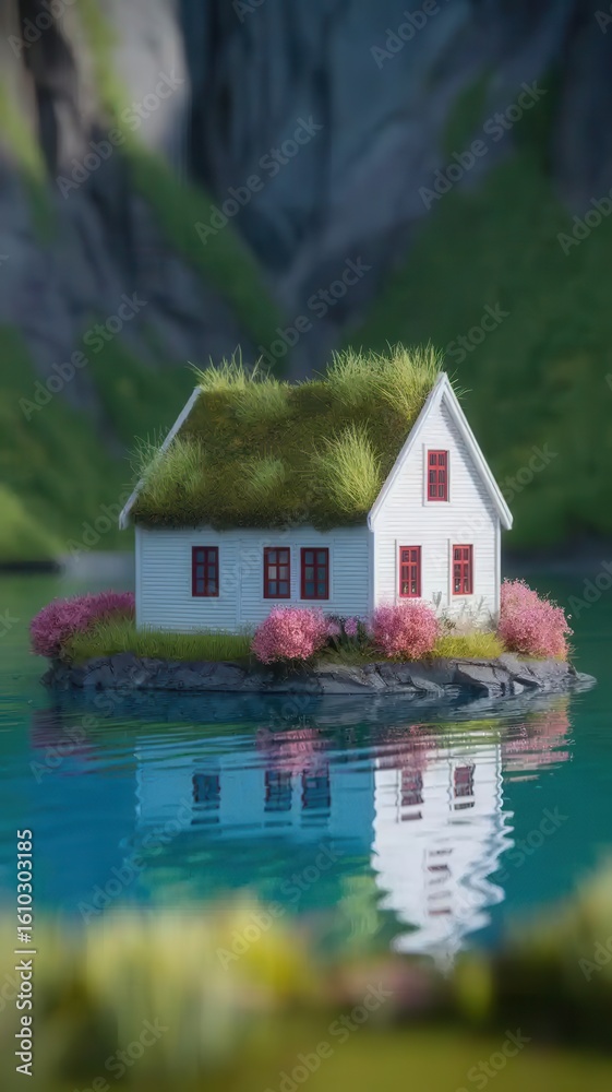 Fototapeta premium Idyllic island home with grass roof and pink flowers reflected on water