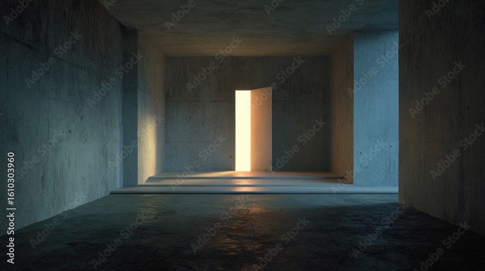 Naklejka premium Concrete room with a door to light