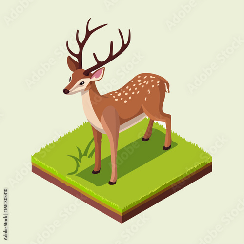 Isometric illustration of a spotted deer standing gracefully on a green platform