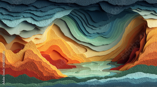 Layered Landscape Unveils Textured Topography. Artistic paper cut style for web design, marketing, editorial use.