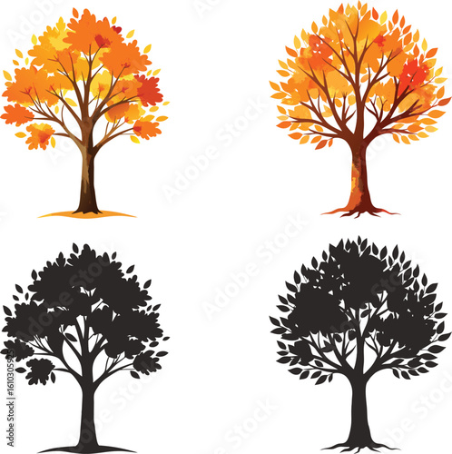 Four trees in various styles symbolizing the changing seasons with autumn foliage and silhouetted forms