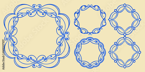 Vector collection of ornate blue frames with bows and stylized leaves, classic stationery look on creamy off-white backdrop, minimalist line design.