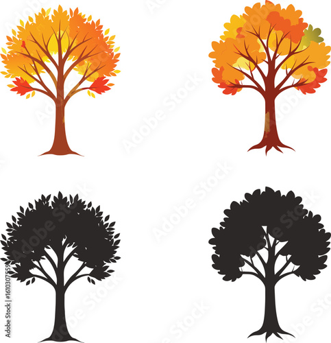 Four Vector Trees in Different Styles With Silhouette Representing Autumn Season and Artistic Expressions 