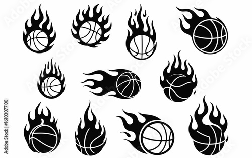 Flaming Basketballs Vector Set – 11 Fiery Icons of Speed, Power, and Motion