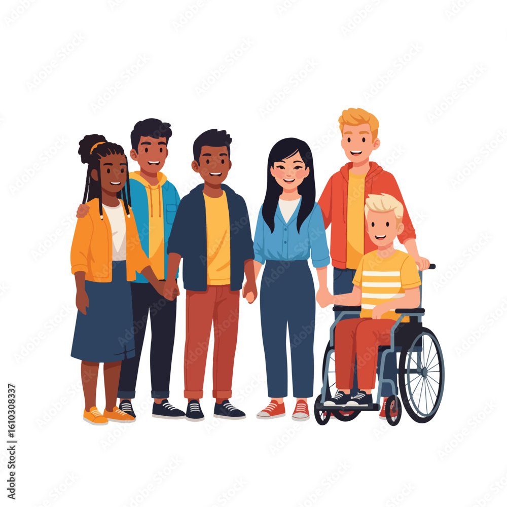 Fototapeta premium A diverse group of young people, including a boy in a wheelchair, stand together smiling.