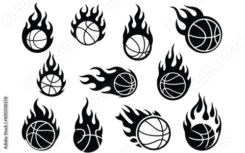 Flaming Basketballs Vector Set – 11 Fiery Icons of Speed, Power, and Motion