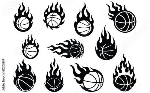 Flaming Basketballs Vector Set – 11 Fiery Icons of Speed, Power, and Motion
