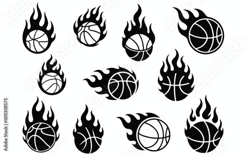 Flaming Basketballs Vector Set – 11 Fiery Icons of Speed, Power, and Motion