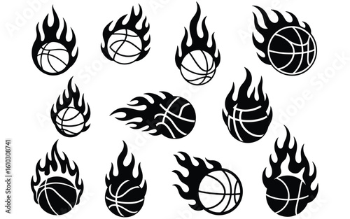 Flaming Basketballs Vector Set – 11 Fiery Icons of Speed, Power, and Motion