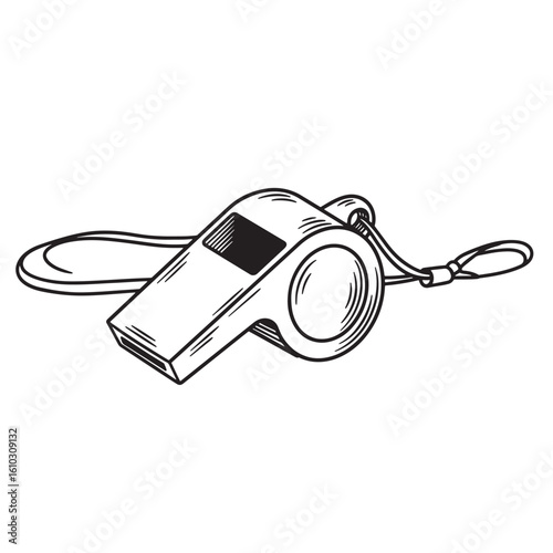 A vintage art hand drawn illustration of a referee whistle with a lanyard isolated