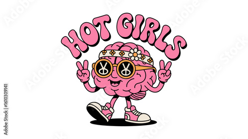 Groovy brain character with peace signs and sunglasses