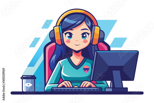Cartoon Gamer Girl Streaming with Headset and PC, Coffee Cup Nearby, Ready to Play
