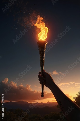 Hand Holding Independence Torch Against a Twilight Sky