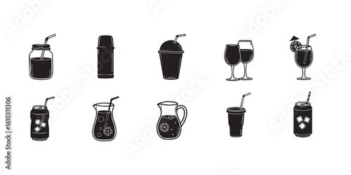 Vector illustration of drinks beverages cocktails juice water isolated black white