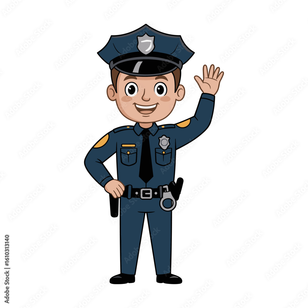 Friendly cartoon police officer waving hello Friendly cartoon police officer waving hello