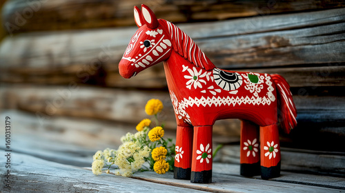 Swedish traditional souvenir Dala or Dalecarlian horses, red color wood material with white floral folk pattern ornaments wood wall background