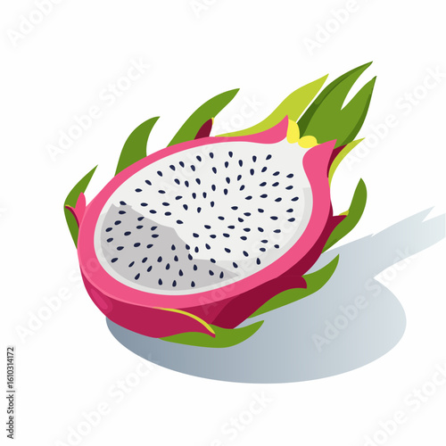 Illustration of a Vibrant Dragon Fruit Slice with Green Leaves on a White Background