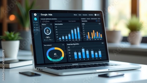 Professional social media marketing dashboard on laptop showing Google ads metrics, AI analytics, colorful charts in modern office setup with clean minimalist design