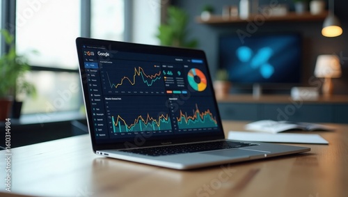 Professional social media marketing dashboard on laptop showing Google ads metrics, AI analytics, colorful charts in modern office setup with clean minimalist design