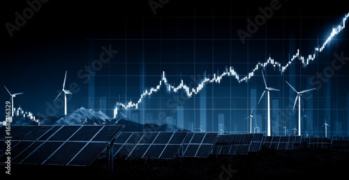 Futuristic stock market growth chart with solar panels and wind turbines, symbolizing energy storage as an emerging investment theme