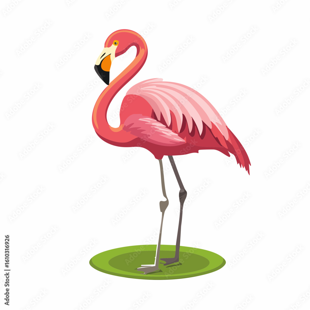 Fototapeta premium Vibrant flamingo illustration stands gracefully on a green patch against white canvas