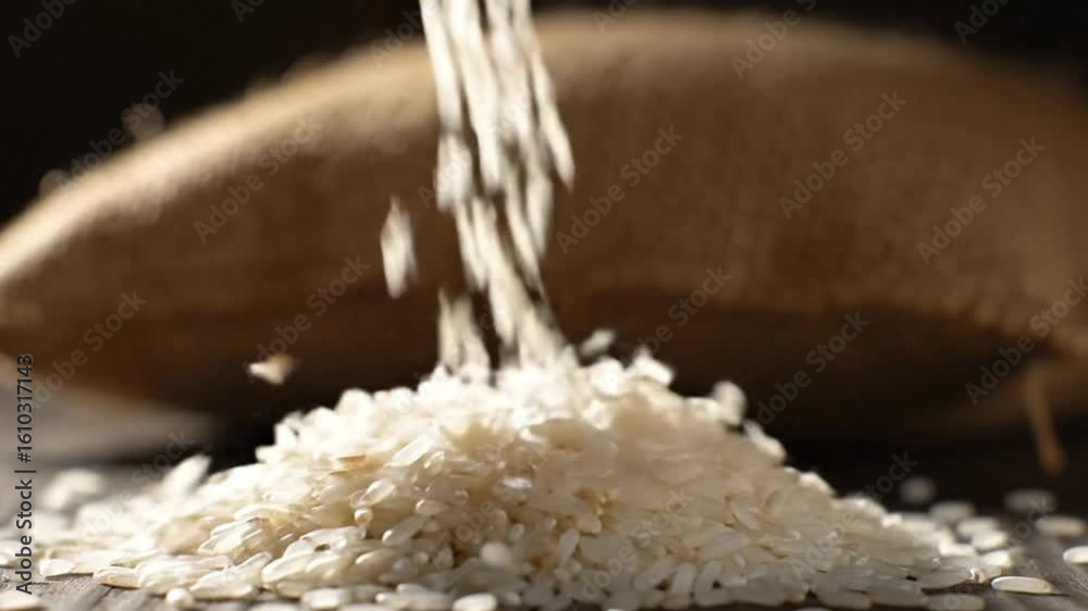 Jasmine Rice Grains Cascading in Slow Motion on Rustic Wood