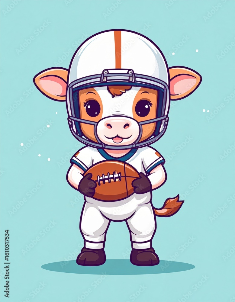 Fototapeta premium A cute cartoon calf in a football uniform holding a football, ready to play, with a light blue background.