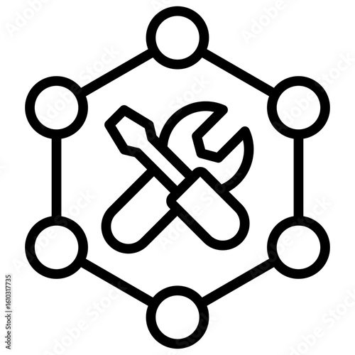 Network Tools Outline Icon Vector Design - Hexagonal network nodes with wrench and screwdriver, symbolizing system tools across a network