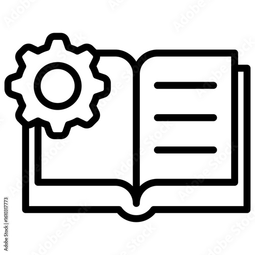 Technical Manual Outline Icon Vector Design - Open book with gear, indicating user guide, manual, or technical documentation