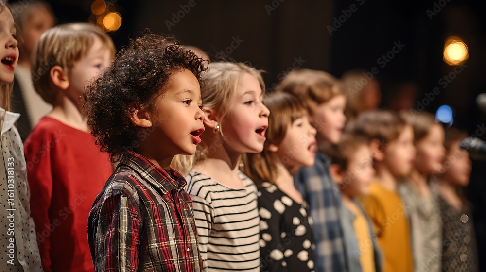 Fototapeta premium Children Performing Poetry on a Small Stage in a School Auditorium Joyful Expressions Warm Lighting Real Photo Stock Photography
