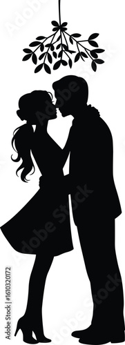 Silhouette couple kissing under mistletoe, romantic lovers embrace, holiday romance, Christmas love moment, isolated white background design