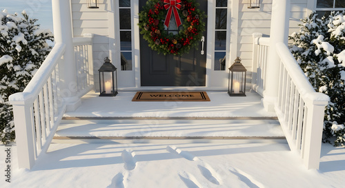 Welcoming front porch of a house with a Christmas wreath and lanterns in a snowy winter scene.