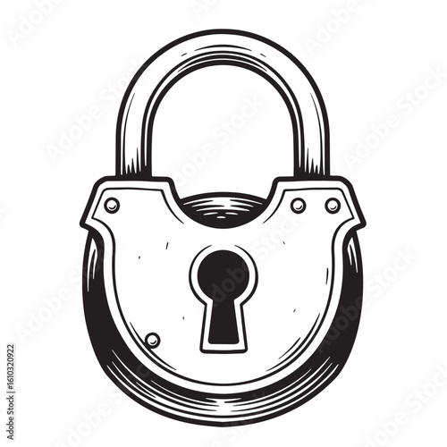 Intricate hand drawn vintage art illustration of a secure and locked padlock isolated