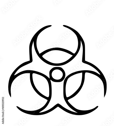 Biohazard symbol, stylized black and white warning sign.