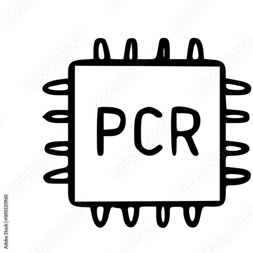 Hand-drawn illustration of a microchip labeled "PCR," representing polymerase chain reaction technology.