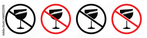 No Broken Glass Prohibition Sign – Fragile Item Safety Icon with Red Circle Vector Illustration.