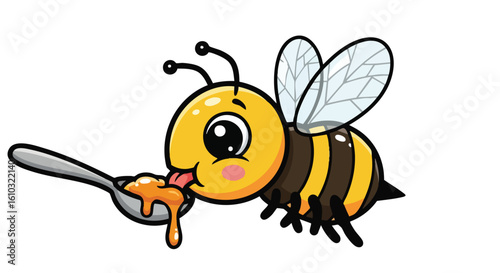 Adorable cartoon bee happily enjoying a spoonful of honey.