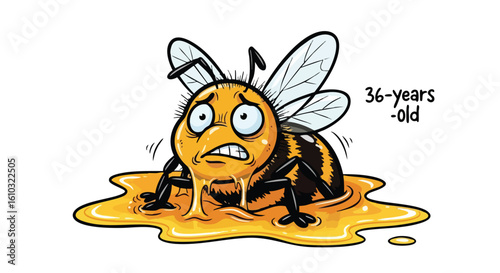 A stressed cartoon bumblebee is stuck in a pool of its own honey, looking anxious and overwhelmed.