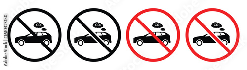 No CO2 Emission Icon Set – Red Prohibition Signs for Carbon Emissions, Eco-Friendly and Environmental Safety Vector Collection.