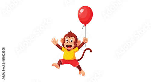 Cartoon monkey cheerfully jumping with a red balloon, wearing a yellow shirt and red shorts.