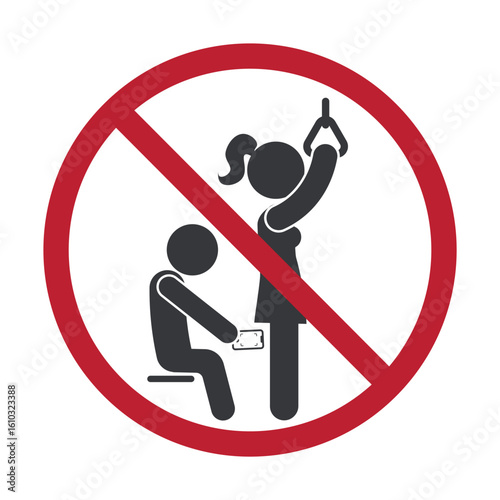 Isolated prohibition sign secretly taking a photo under a woman's skirt, for public transport indecency and sexual harassment awareness sign.