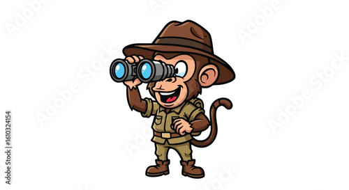 Cartoon monkey wearing a safari outfit and hat, looking through binoculars with a happy expression.
