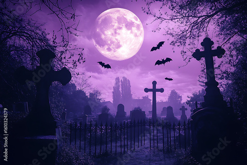 haunted graveyard under, full moon with, gothic tombstones dark, silhouette trees flying, bats spooky purple, sky creepy halloween, night concept supernatural, mystery horror cemetery, background scar