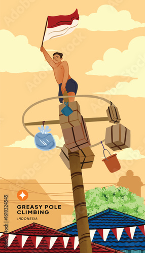 Layout idea  indonesian independence day greasy pole climbing Flat Design Illustration