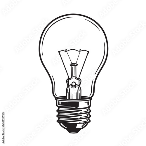 Simple black and white vintage art illustration of a classic incandescent light bulb