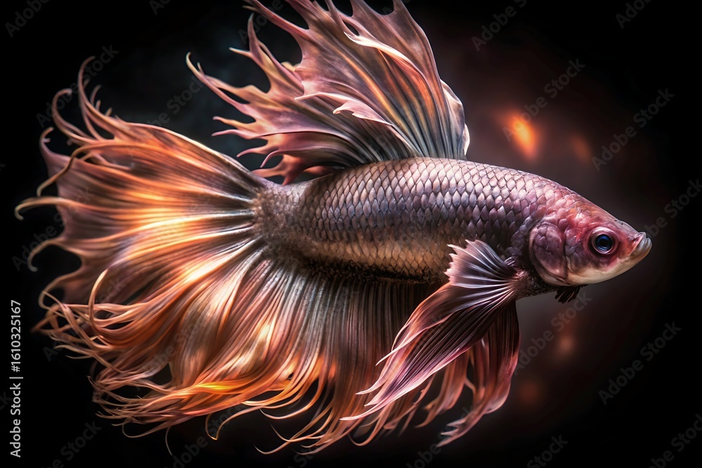 Fototapeta premium Majestic siamese fighting fish with flowing fins displaying vibrant orange and purple hues against a dark background