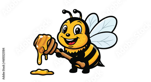 Cartoon bee holding a honey dipper with dripping honey.